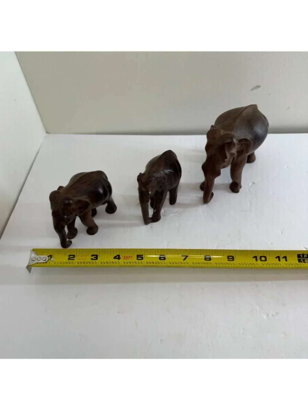 Hand Carved Wooden Elephant Figurines Lot Vtg Carved Wood Animal Decor Set of 3